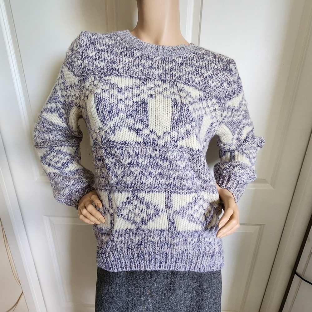 Fair Isle Chunky Knitted Sweater Cream Purple Violet Size Small Wool Blend - Picture 10 of 13